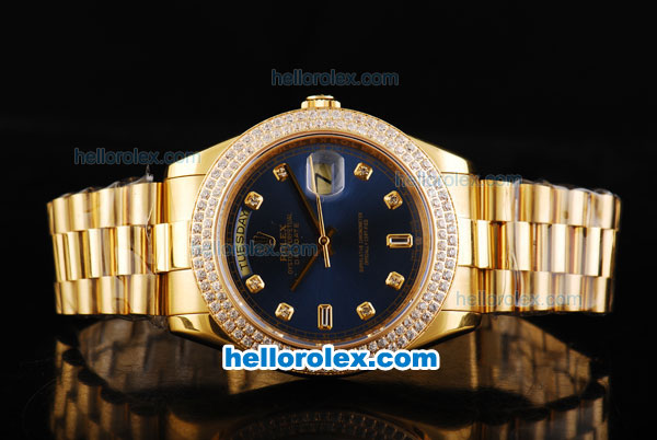 Rolex Day-Date II Automatic Movement Full Gold with Double Row Diamond Bezel-Blue Dial and Diamond Markers - Click Image to Close